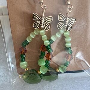 Butterfly Charm Earrings with Green and Gold Beads